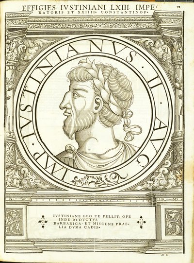 Iustinianus II, ilustración de Imperatorum romanorum omnium orientalium et occidentalium verissimae imagines ex antiquis numismatis de Hans Rudolf Manuel Deutsch